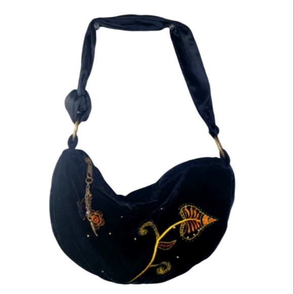 SO Ladies Black Velvet Hand/ Shoulder Purse Embroidered With Roses - Picture 1 of 16